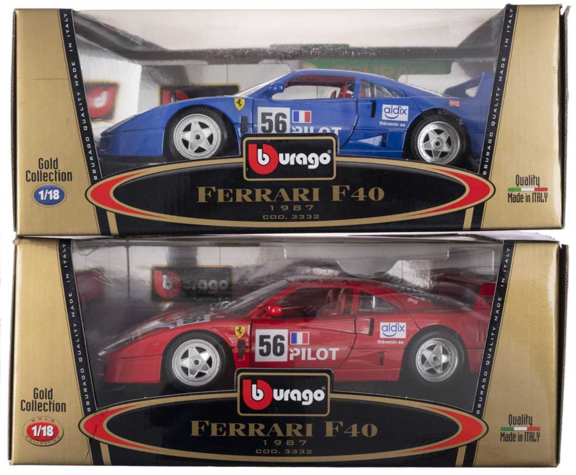 FERRARI F40 in red and blue, each with DEecals \\pilot\\ and liftoff no. 56, both original packaging