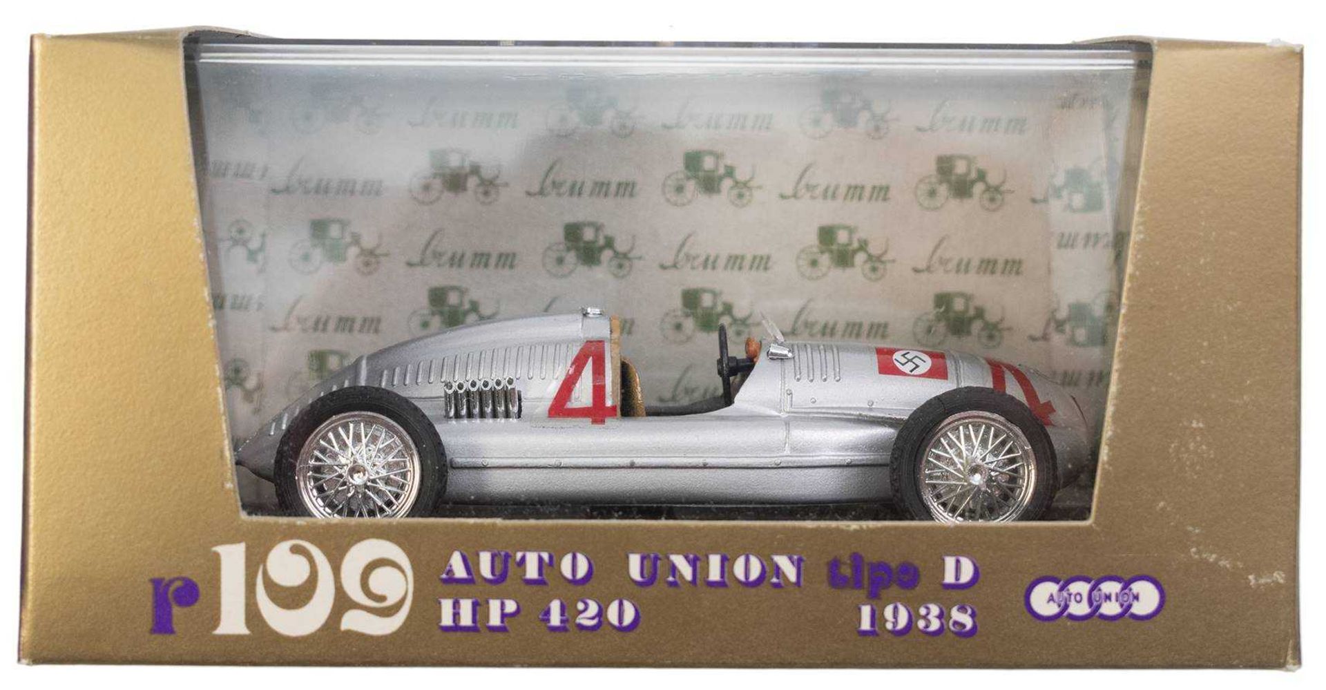 Car union tipo D HP 120 1938, silver with liftoff no. 4, in the very rare variety with swastika Deca