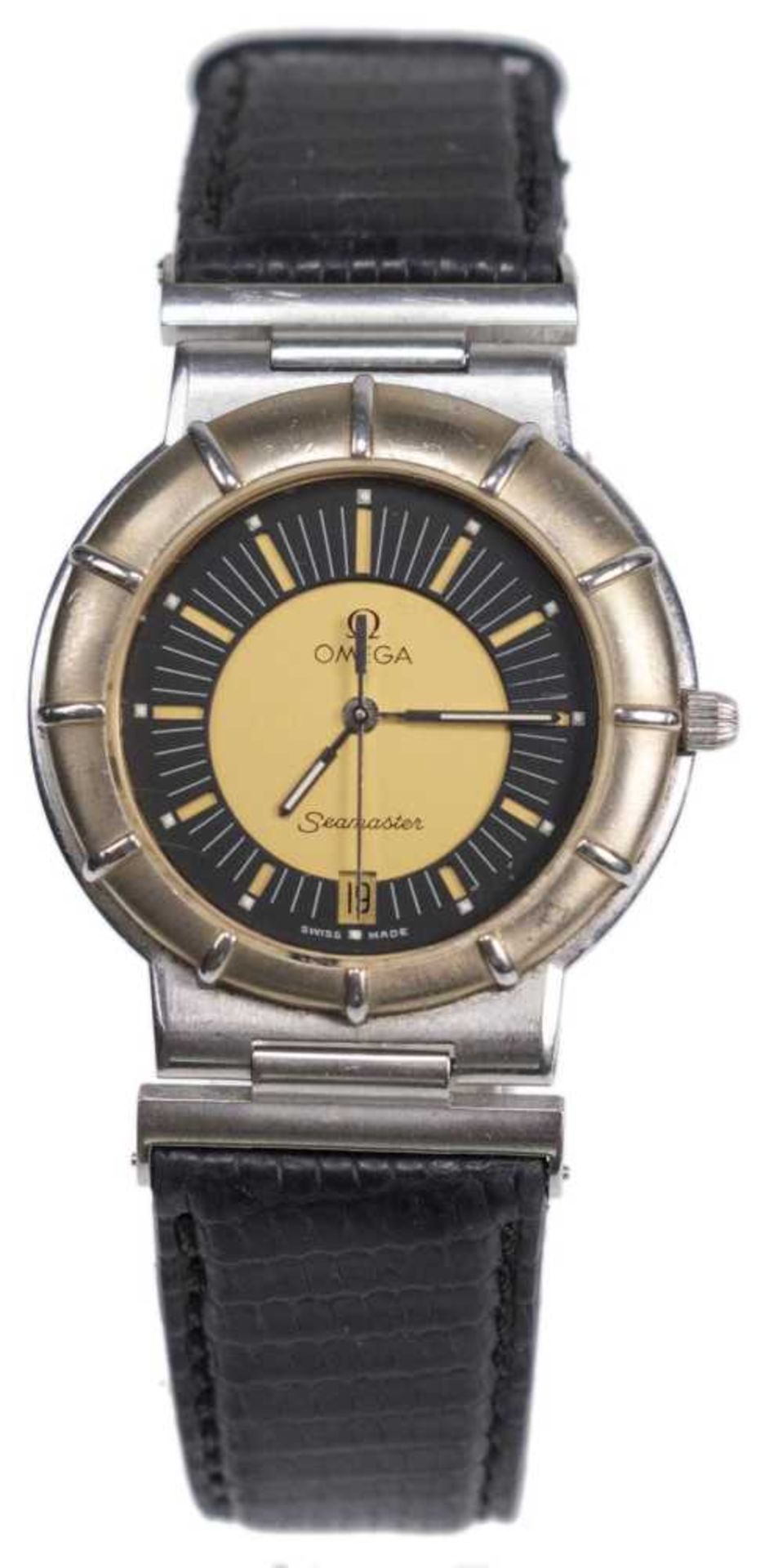 Omega Seamaster Vintage Herren Armbanduhr. Ca. 34mm, Edelstahl, Quarz, Kaliber 1430. Schwarz/goldfar