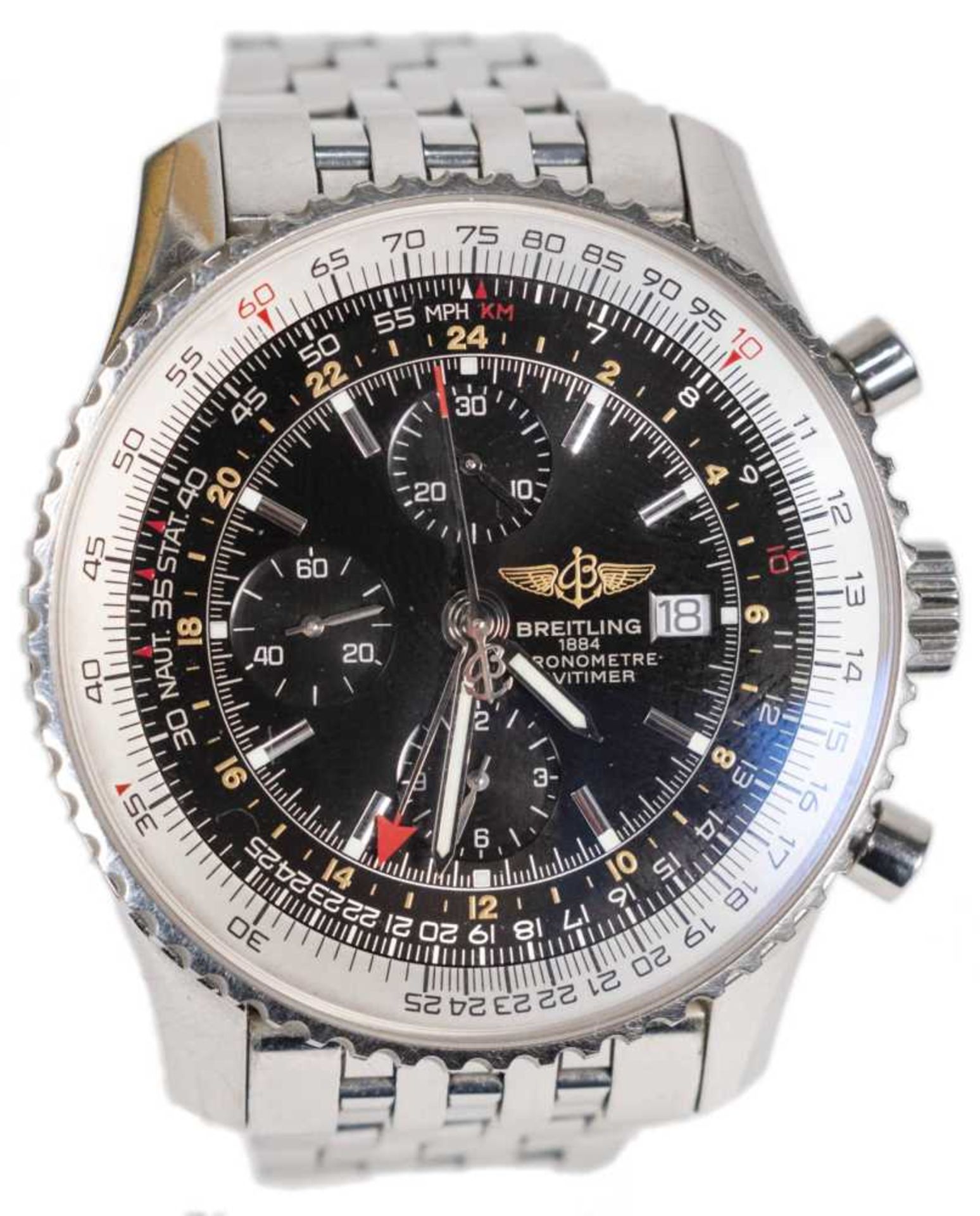 Breitling Navitimer World gentlemen chronograph. Ca. 46 mm, high-grade steel, automatic. Black dial