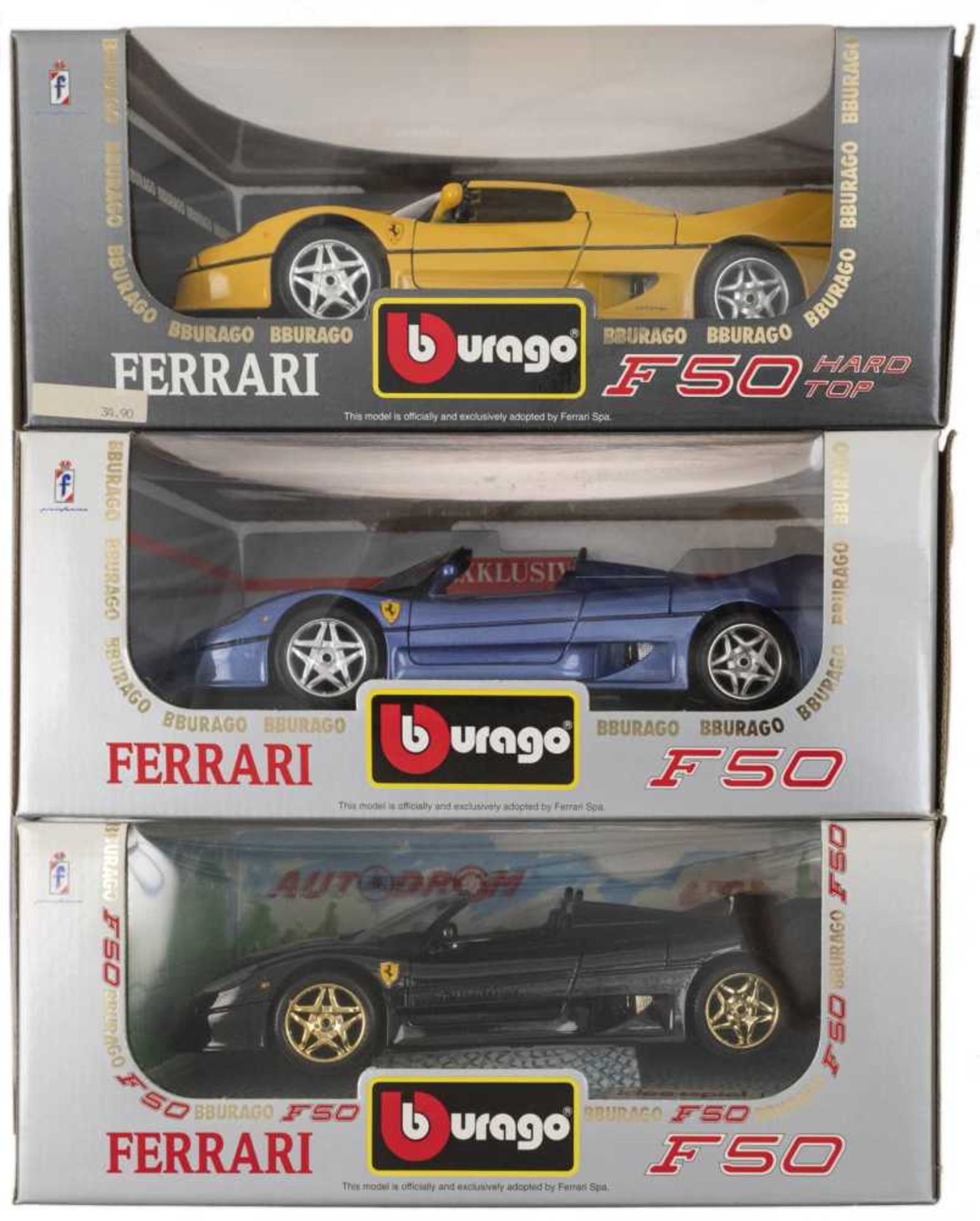 FERRARI F50, versch versch. Varianten in gelb, rot, schwarz (Sondermodell Idee & Spiel) sowie blau (