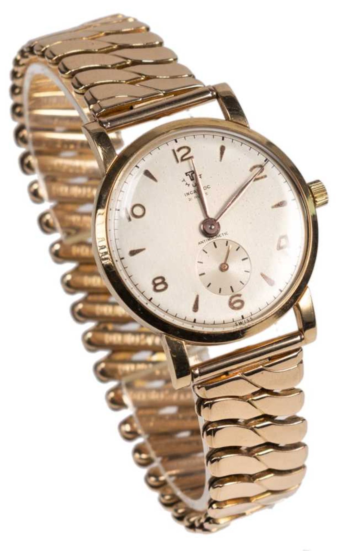 Thuya Incabloc gentlemen wrist watch. Ca. 34 mm, 750er red-gold, manual wind. Enameled dial, gold-co