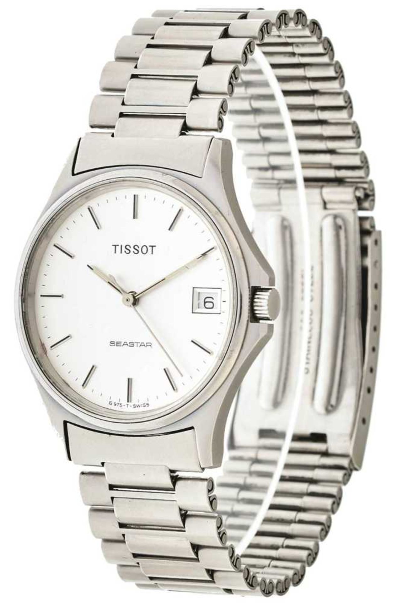 Tissot Seastar Herren Armbanduhr. Ca. 33mm, Edelstahl, Quarz. Silberfarbenes Ziffernblatt mit fluore