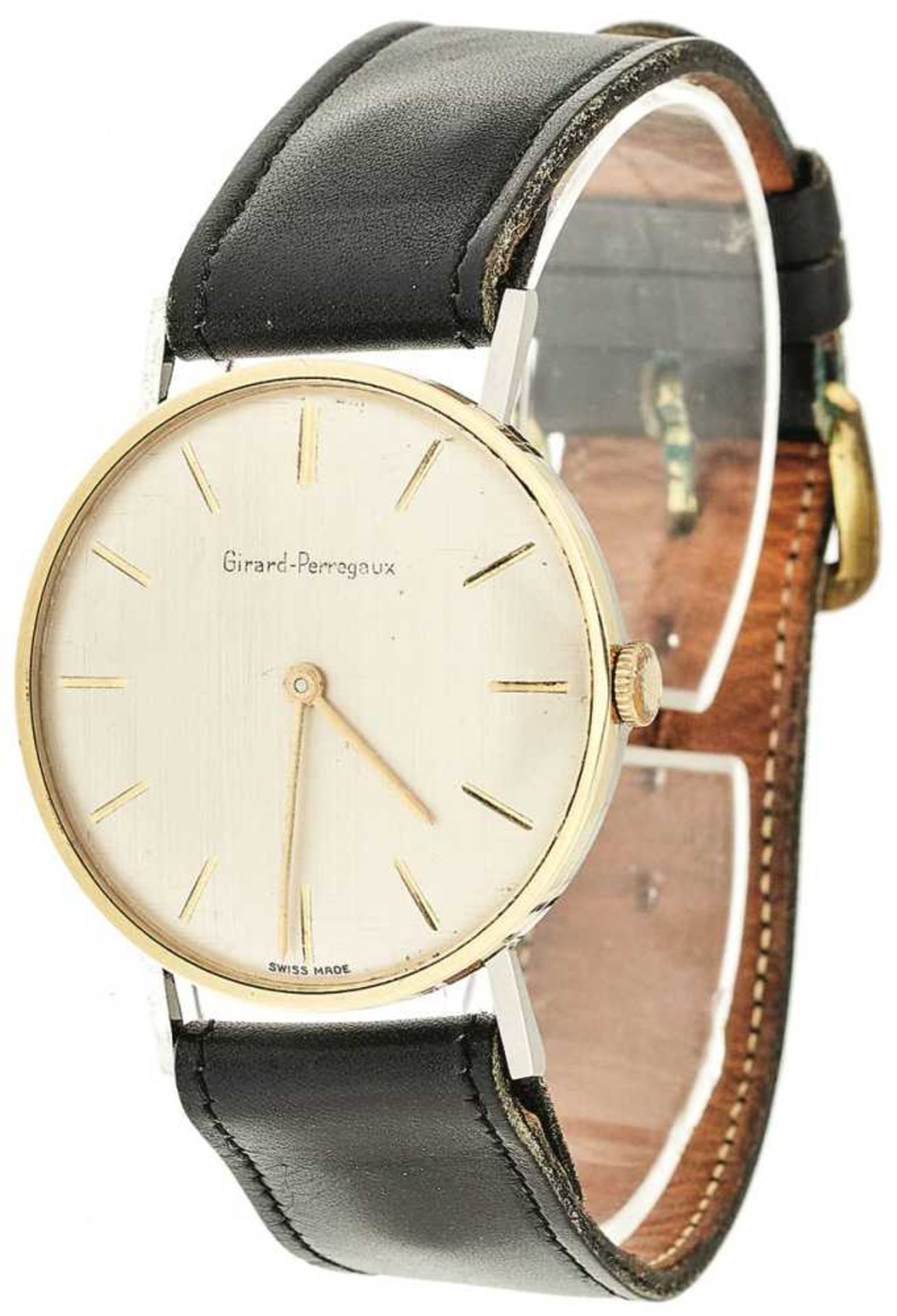 Girard Perregaux wrist watch. Middle of the 20th century, Switzerland. Bicolor, leather bracelet, ma