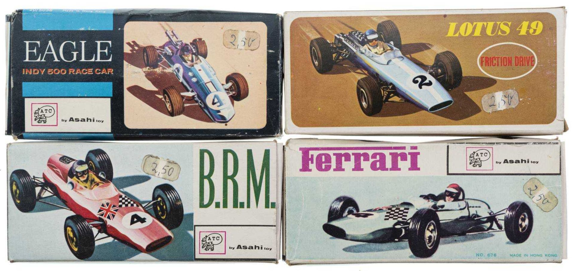 About 1972, 4 small racing / INDYCAR models with B. R. M., eagle, Ferrari and Lotus 49, always appro
