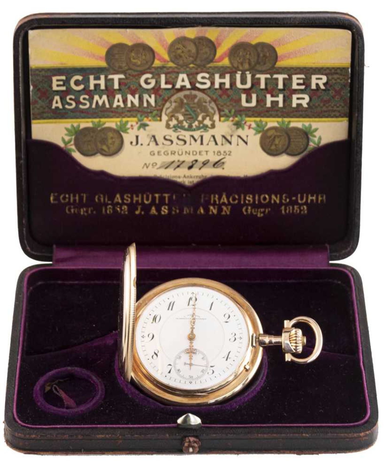J. Assmann Deutsche Anker- Uhren- Fabrik Glashütte in Sachsen Sprungdeckel-Taschenuhr. 585er Gold,