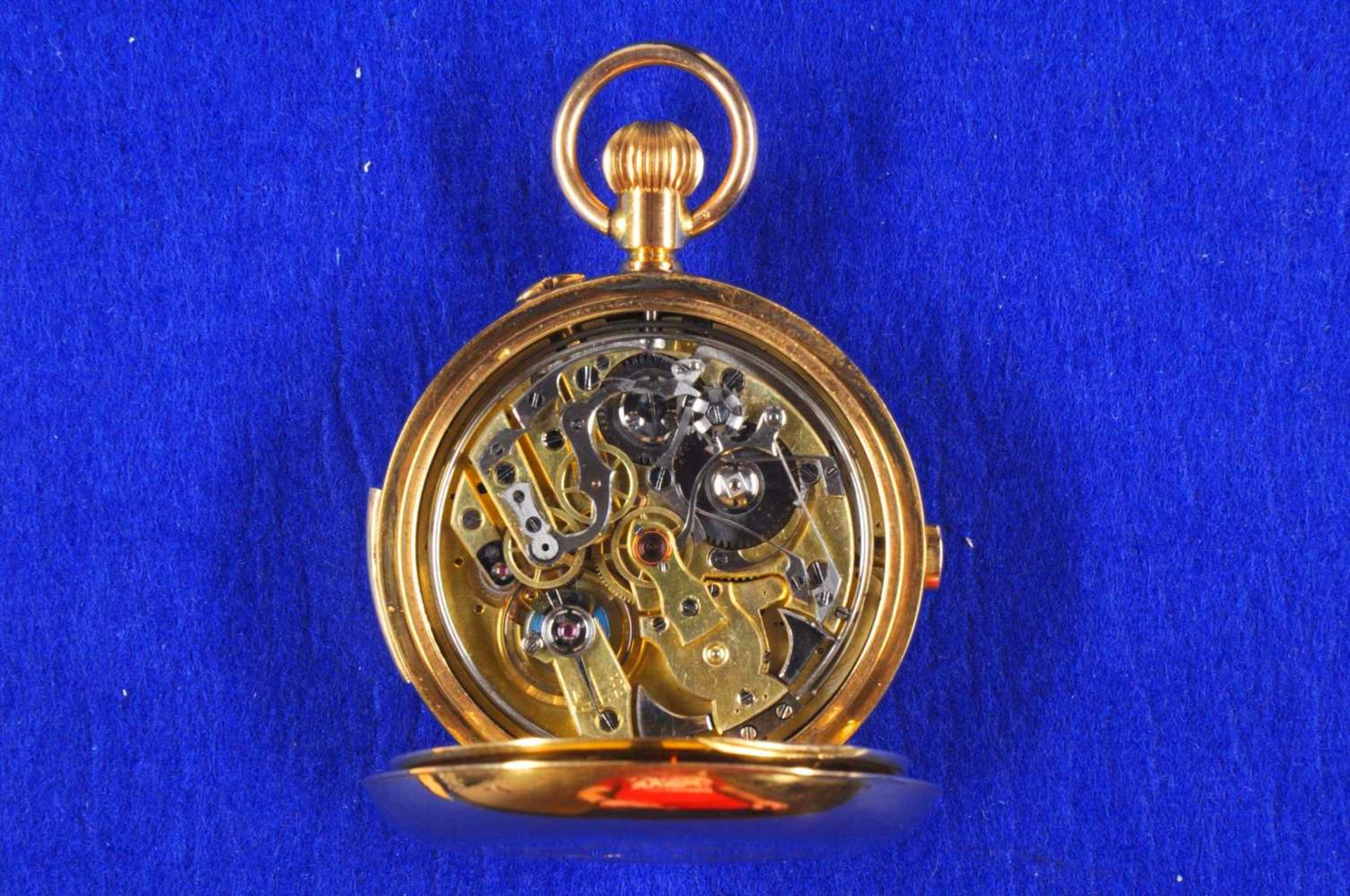 Grand Complication Chronograph Taschenuhr von etwa 1880. Ca. 55mm, 750er Rotgold, Handaufzug. Emaill - Bild 3 aus 4