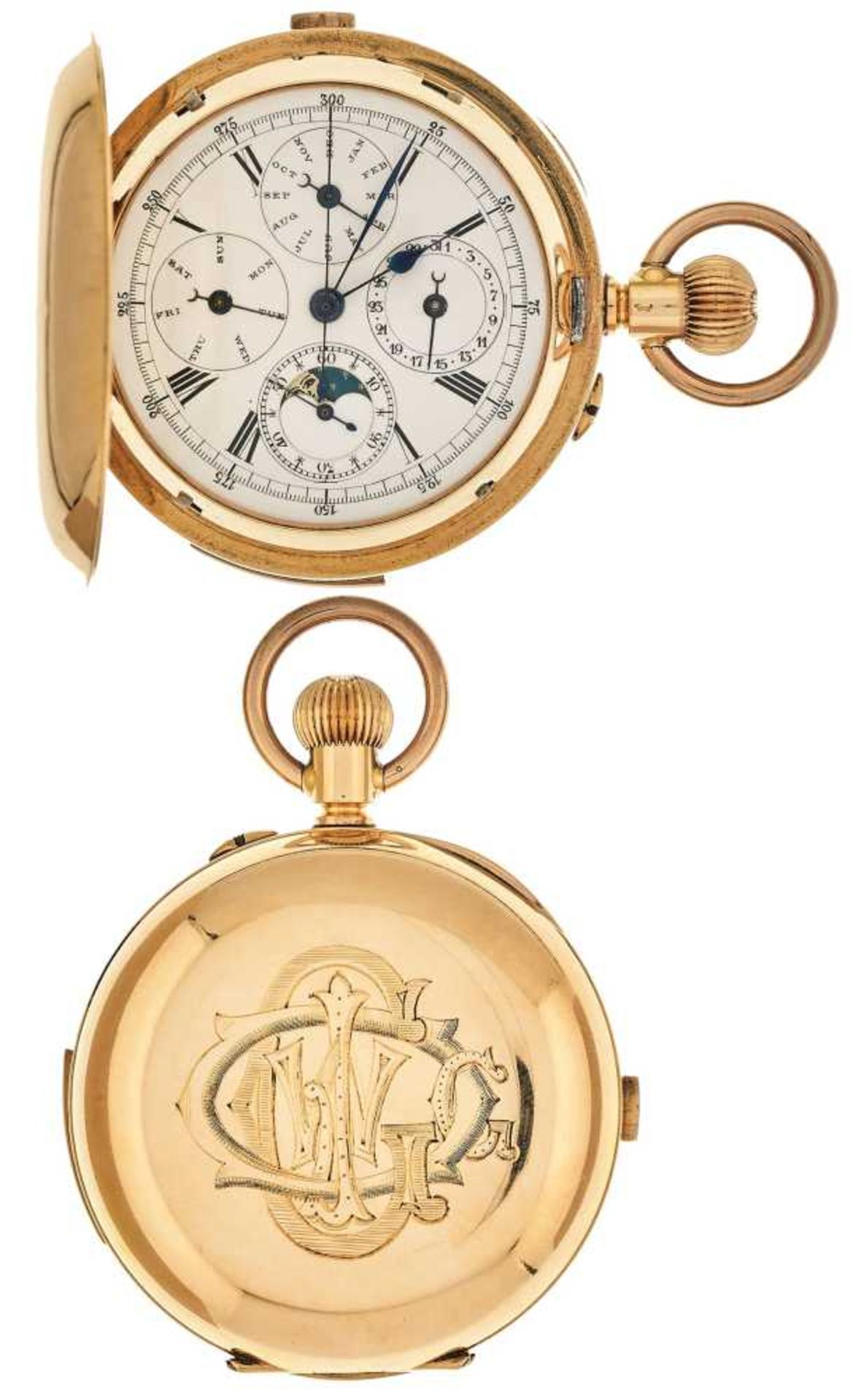 Grand Complication Chronograph Taschenuhr von etwa 1880. Ca. 55mm, 750er Rotgold, Handaufzug. Emaill