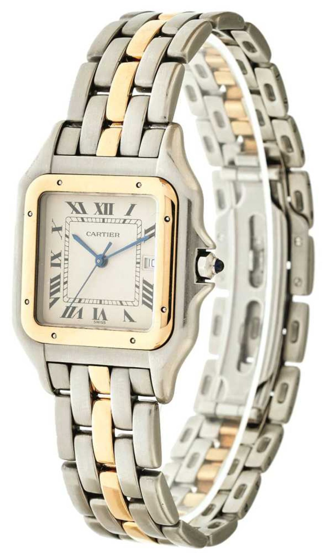 Cartier Panthere gentlemen wrist watch. Ca. 29 mm, high-grade steel / 750er Gold, quartz. Enameled d