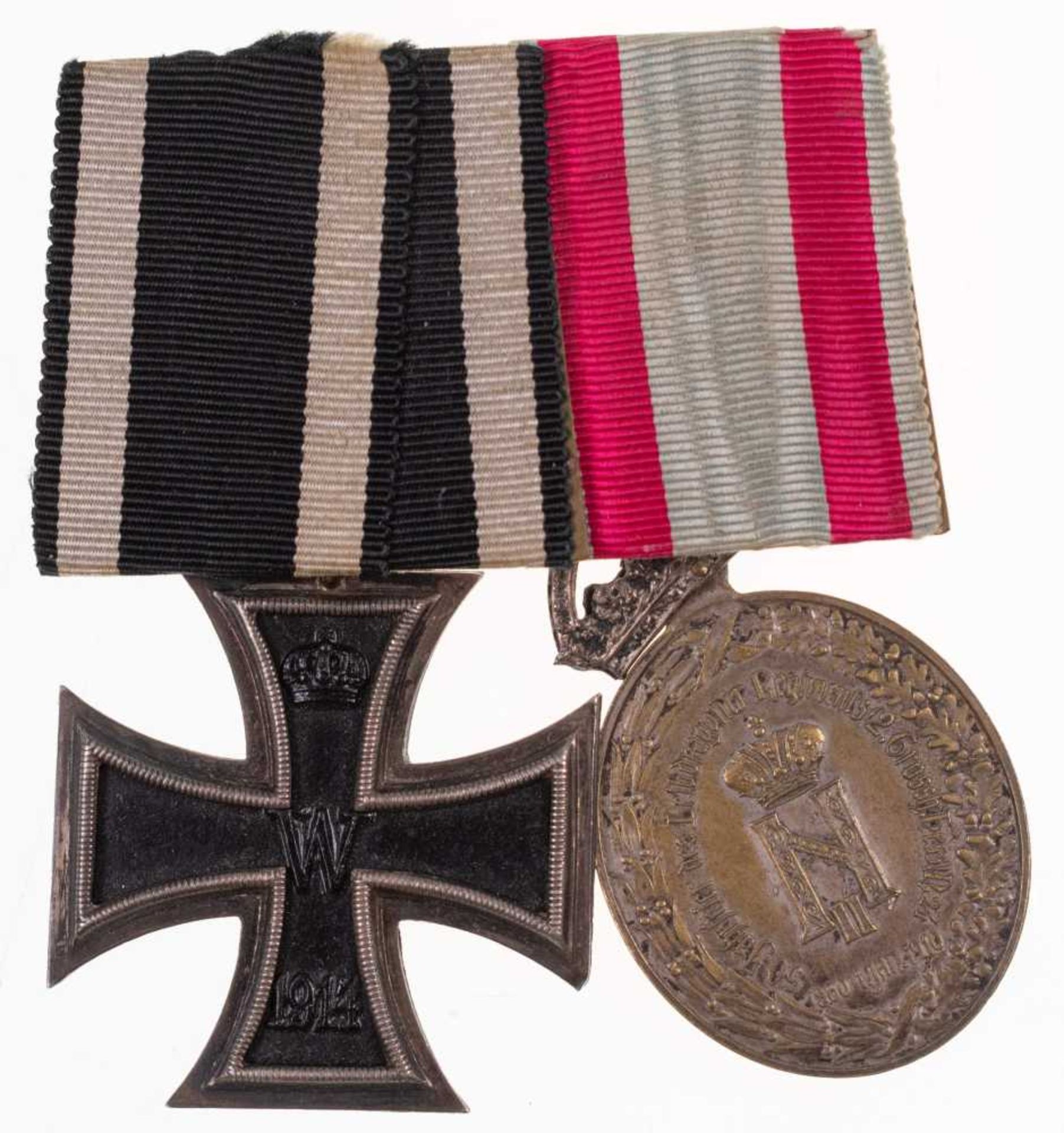 Bandspange mit Preussen Eisernes Kreuz 1914 2. Klasse und Hessen Medaille zur 50-Jahrfeier des Leibd