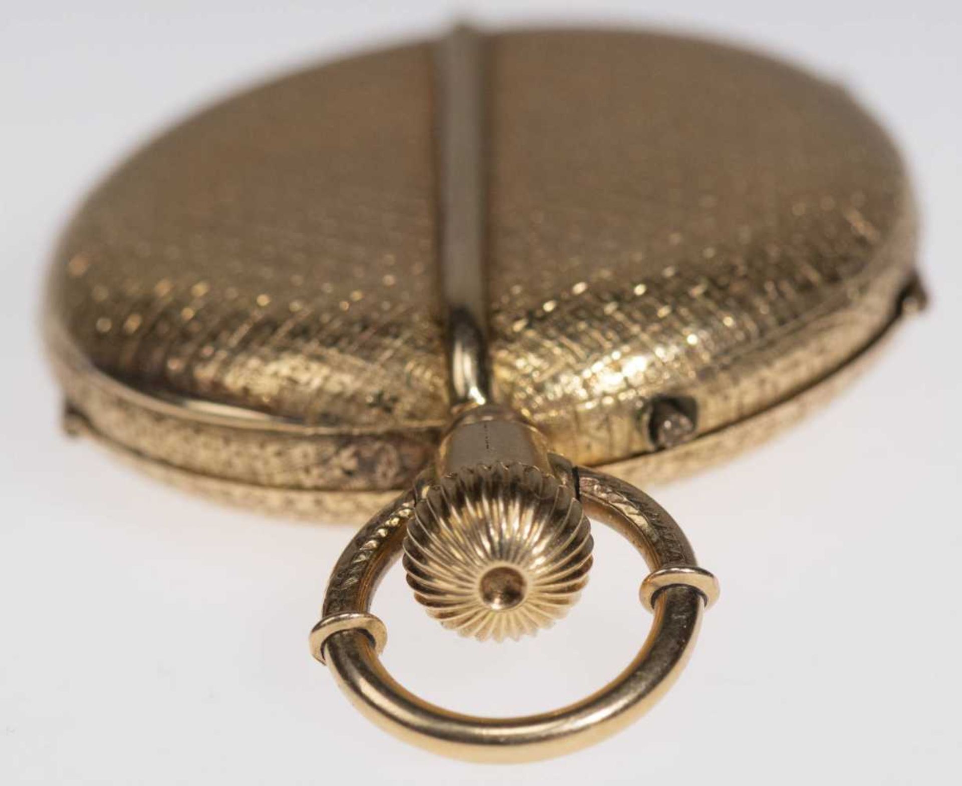 Savonette Taschenuhr. Ca. 36,5mm, 750er Gold, Handaufzug. Emailliertes Ziffernblatt mit goldenen Zei - Bild 3 aus 6