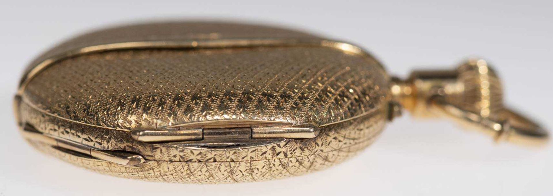 Savonette Taschenuhr. Ca. 36,5mm, 750er Gold, Handaufzug. Emailliertes Ziffernblatt mit goldenen Zei - Bild 5 aus 6