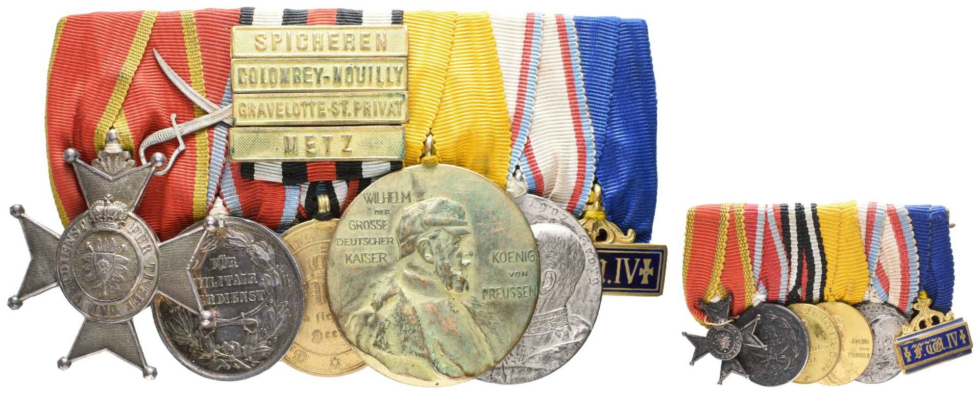 Ordensspange mit 6 Auszeichnungen, dabei Schaumburg-Lippe Silbernes Verdienstkreuz, Silberne Militär