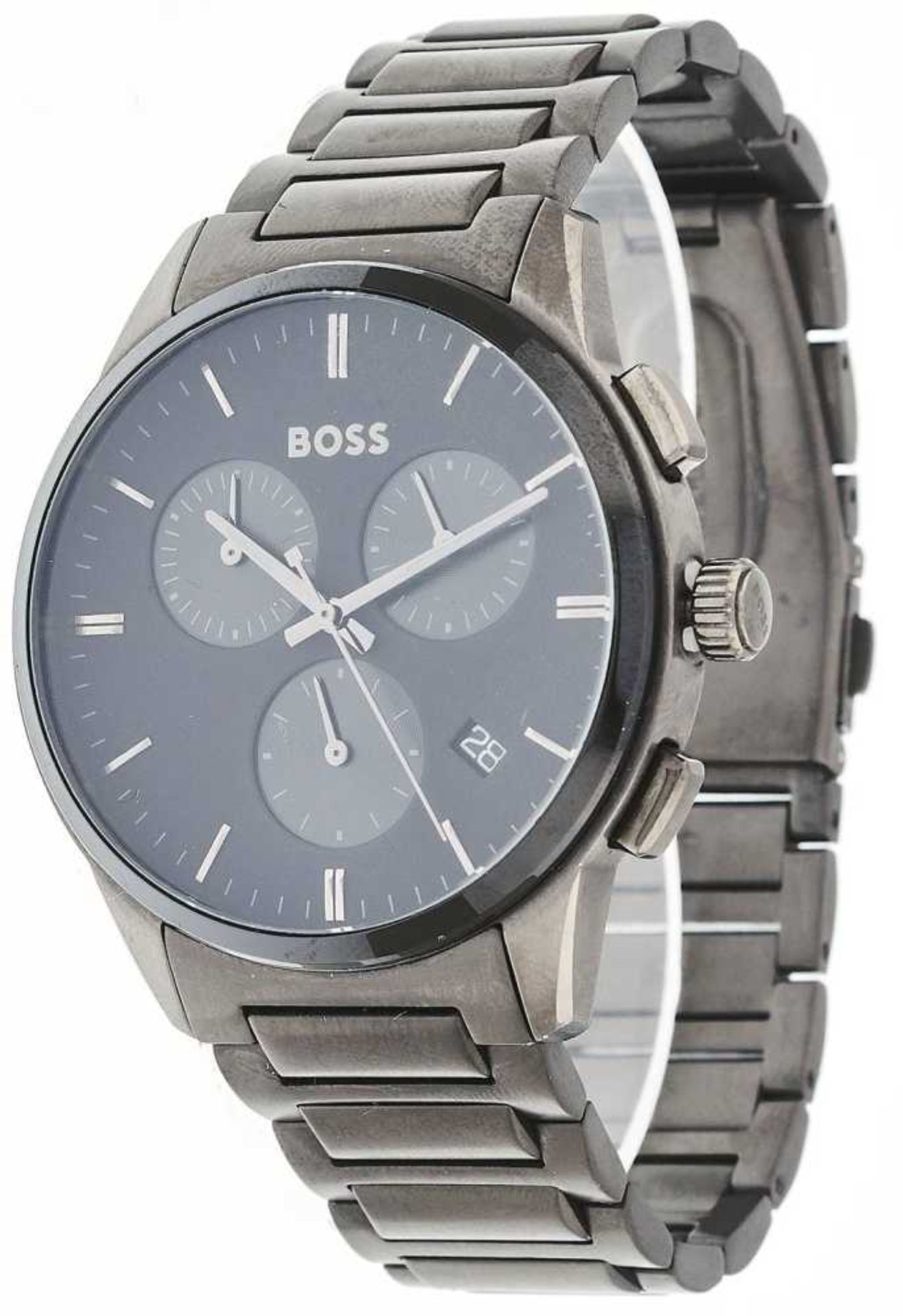 Hugo Boss chronograph 1513929 men's wristwatch. Ca. 43 mm, grey, mineral glass, black analogue dial,