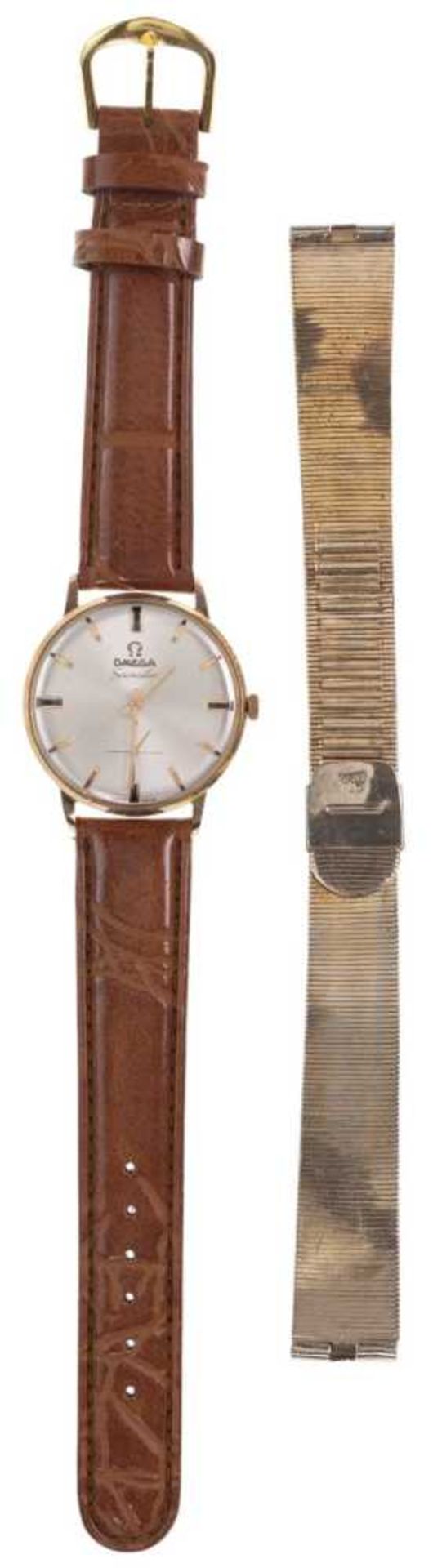 Omega Seamaster gentlemen wrist watch. Ca. 35 mm, 750er Gold case, manual wind. Enameled dial with g