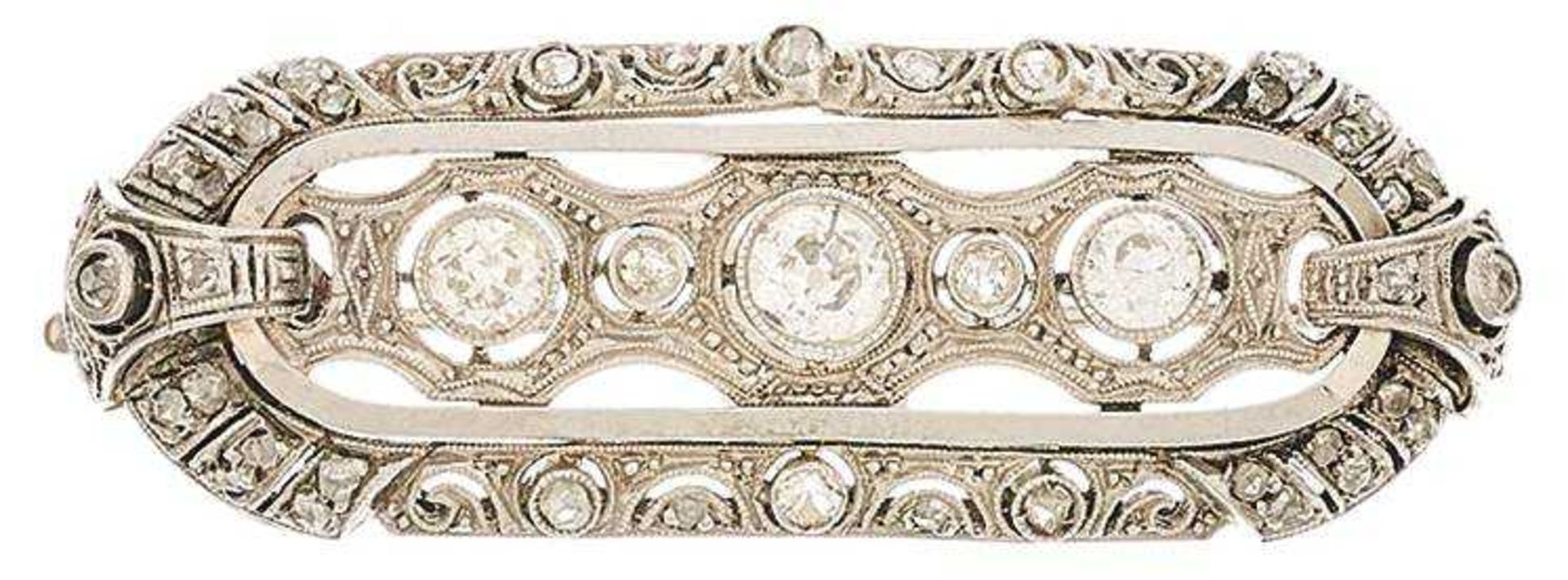 Art-áDeco diamond brooch, about 1920 / 1930, 750 Gold, mass 7, 8 x 1, 4 cm, old cut diamonds and sma