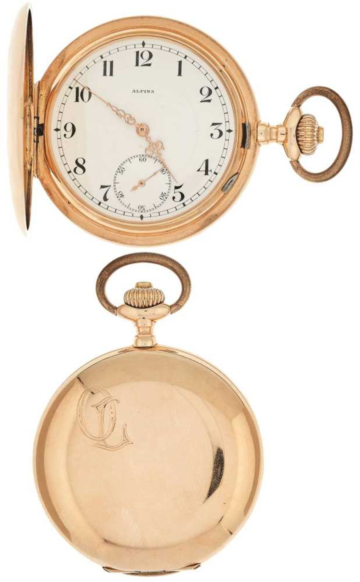 Alpina Savonette Taschenuhr. Ca. 53mm, 585er Rotgold, Handaufzug. Emailliertes Ziffernblatt mit arab