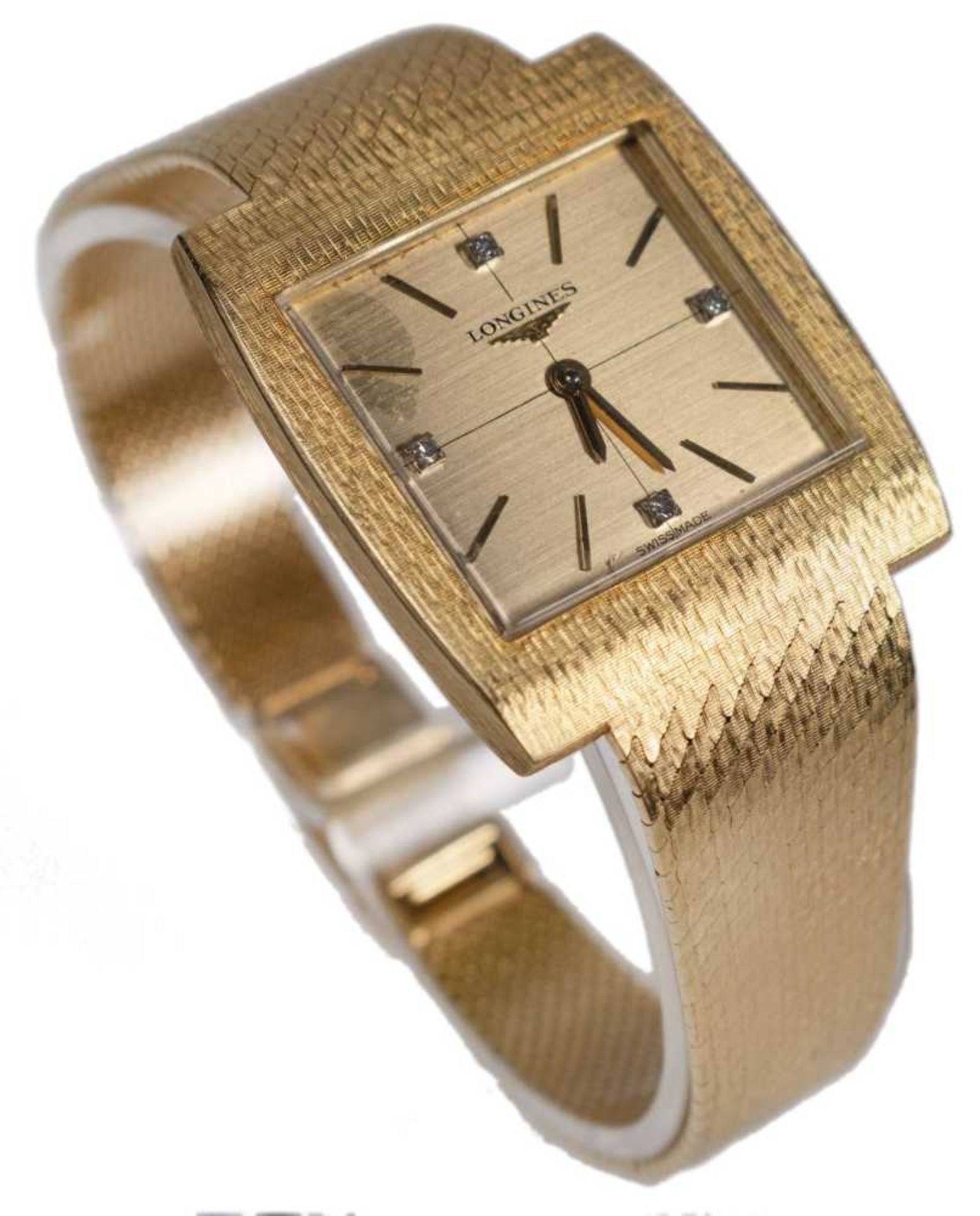 Longines Vintage gentlemen wrist watch. Ca. 30 mm, 750er yellow gold, manual wind. Golden dial with