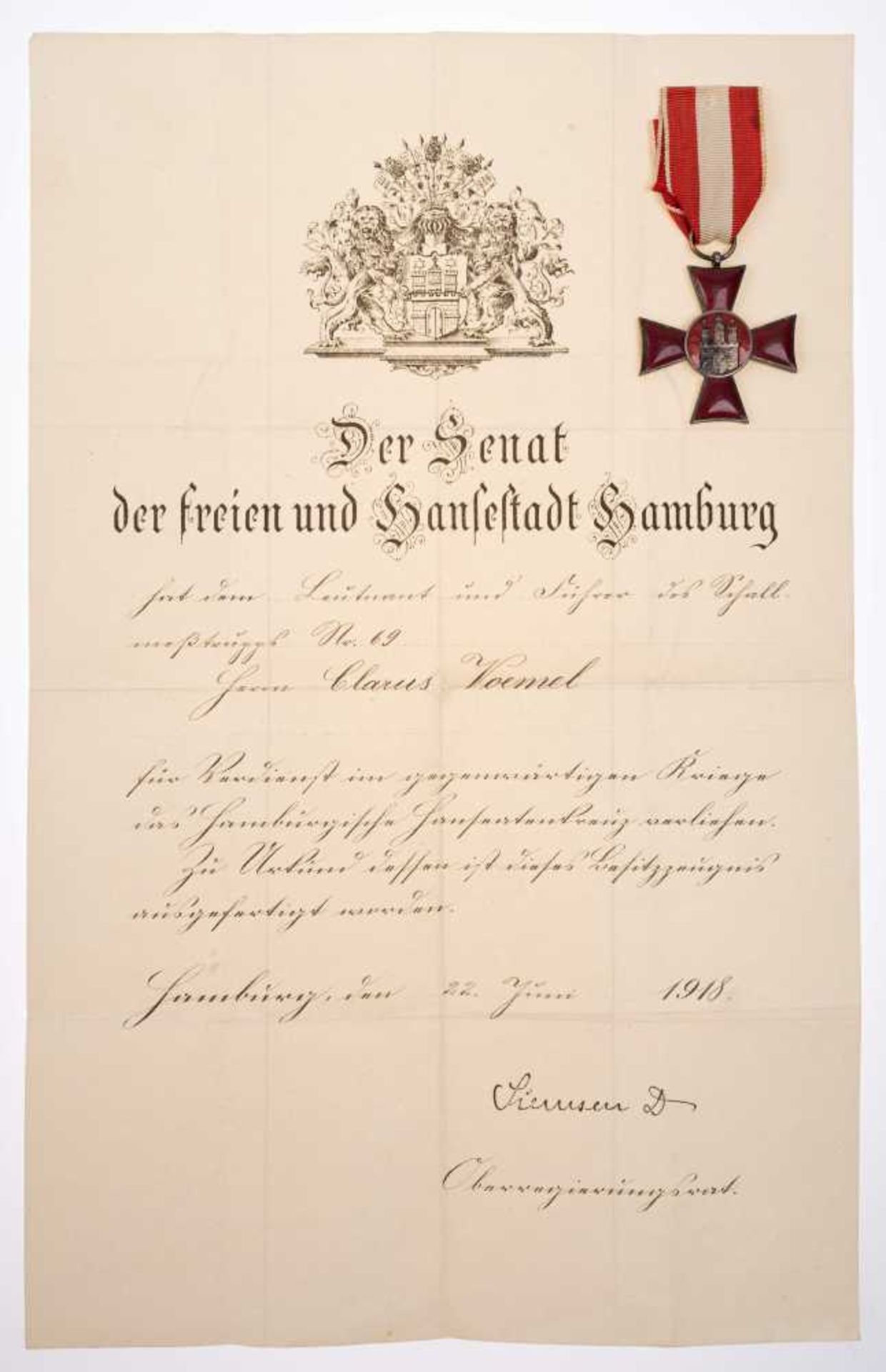 Hamburg, Hanseatic Cross (1915-1918), enameled, OEK 688, in addition to it award certificate dated 2