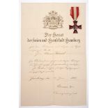 Hamburg, Hanseatic Cross (1915-1918), enameled, OEK 688, in addition to it award certificate dated 2
