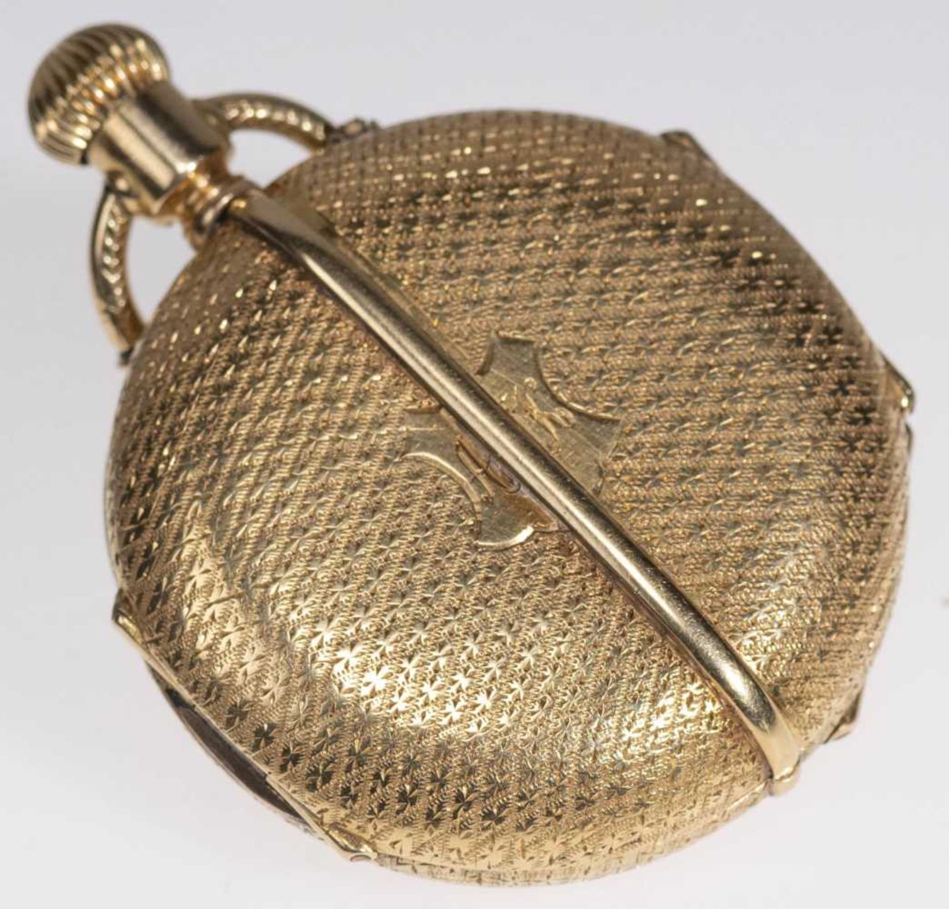Savonette Taschenuhr. Ca. 36,5mm, 750er Gold, Handaufzug. Emailliertes Ziffernblatt mit goldenen Zei - Bild 2 aus 6
