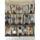 Watch box containing seventeen various watches, including two Seiko, Tissot, Sekonda de Luxe, Citize