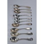 Ten silver fiddle pattern teaspoons, including: five & two smaller William Comyns & Sons, London 190
