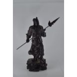 Chinese carved wood warrior with polearm spear, characters to base, height 44cm