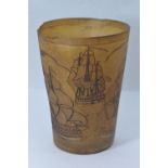 Horn beaker decorated with four ships & a lighthouse, height 11.8cm