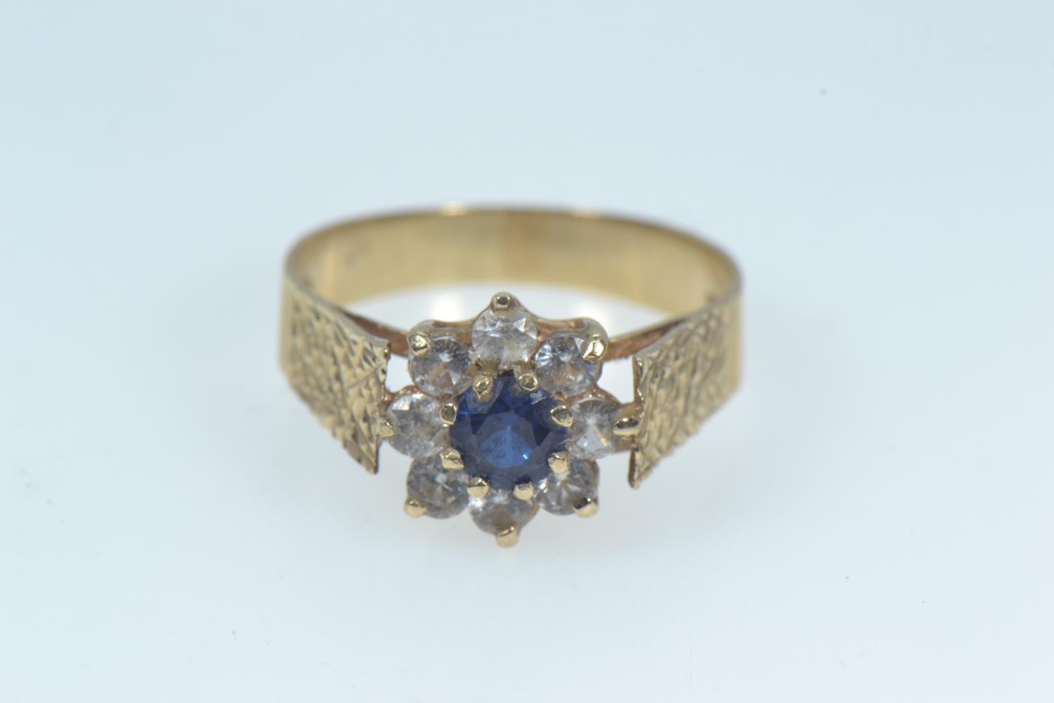 9ct gold, sapphire & white stone cluster ring, size O1/2, gross weight 2.37 grams 