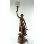 CH Levy signed, bronzed lamp in the form of a lady standing on a plough holding a torch on a carved