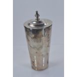 White metal tapering cup & cover, etched with Prince of Wales plume and Maltese Cross, height 16cm,