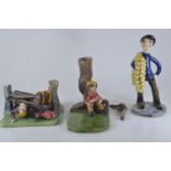 Three Runnaford Pottery Will Young figures, The Onion Seller, Collapsed Gate & Book reading figure u