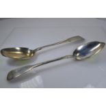 George IV pair of large silver fiddle pattern serving spoons, maker's mark WE, London 1827, length 2