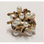 14ct gold cluster ring set with eleven pearls and ten rubies, marked 14K, size L, gross weight 7 gra