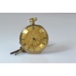 18ct gold cased open face pocket watch, the gilt dial with floral engraving to centre, the hinged ca