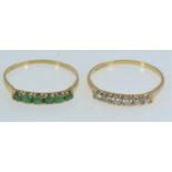 Two 14ct gold six stone gem-set rings, one set with diamonds & the other with jadeite, size R, gross