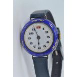 Ladies silver & blue guilloche watch, 15 jewels, enamel face, with import hallmarks for London 1910,