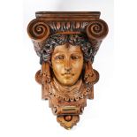 Finely carved architectural figurative wall bracket / corbel, 58cm high & 40 cm wide