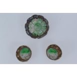 Silver, carved jadeite & enamel circular brooch, diameter 30mm, together with a pair of silver & car