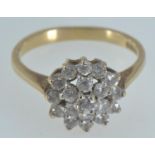 9ct gold & white stone cluster ring, hallmarked, size P1/2, gross weight 3.14 grams