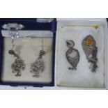 Marcasite jewellery, including: 925 silver pendant; white metal stone set pendant with chain & a pai