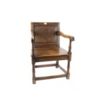 Oak framed armchair, with carved back rest, W60cm