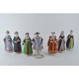 Set of Sitzendorf figures of King Henry VIII and his six wives, King Henry 21cm high, all figures wi
