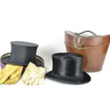 Moss Bros of Covent Garden top hat, size 7 1/4, in beautiful leather hat box, a Gibus London collaps