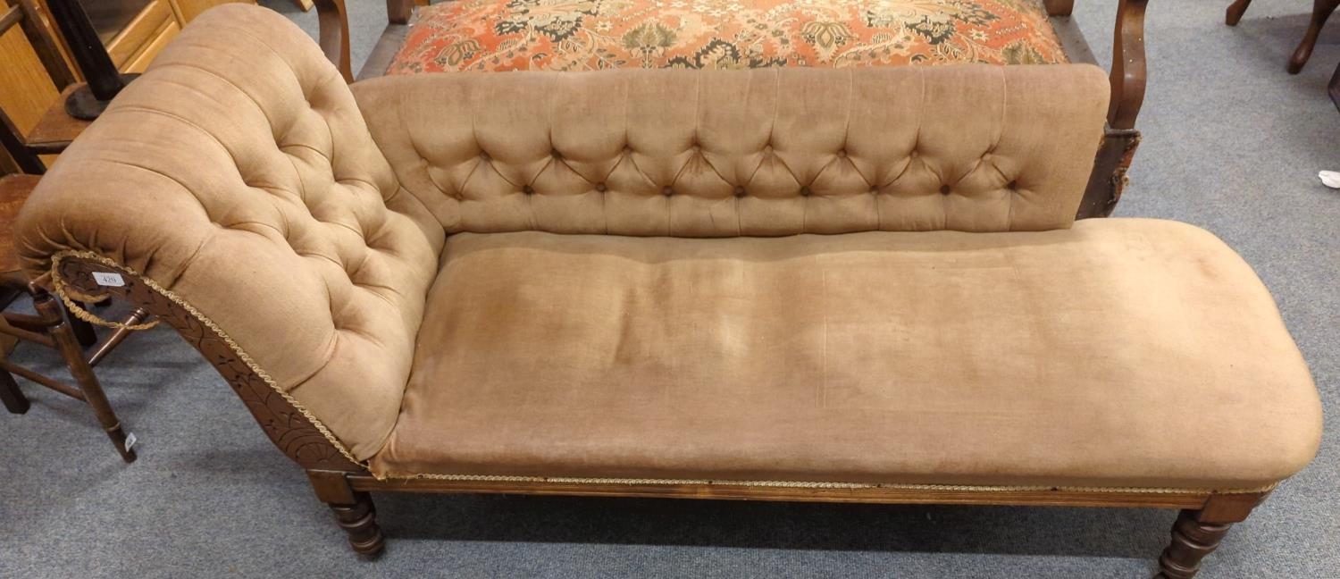  19C Chaise with button design to back and side rest, in camel coloured upholstery with four origina