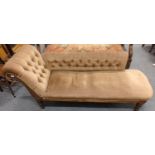 19C Chaise with button design to back and side rest, in camel coloured upholstery with four origina