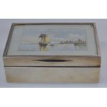 Silver cigarette box, Stokes & Ireland Ltd, Chester 1904, with a glazed watercolour to cover, 10.2cm