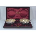 Late Victorian pair of silver salts and spoons, R F Mosley & Co, Sheffield 1892, gross weight 32.79