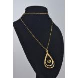 9ct gold teardrop pendant with free moving thistle on a 9ct gold figaro chain, pendant length 35mm i